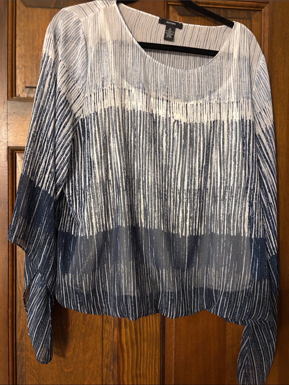 Alfani Navy and White Sheer Striped Pullover Blouse